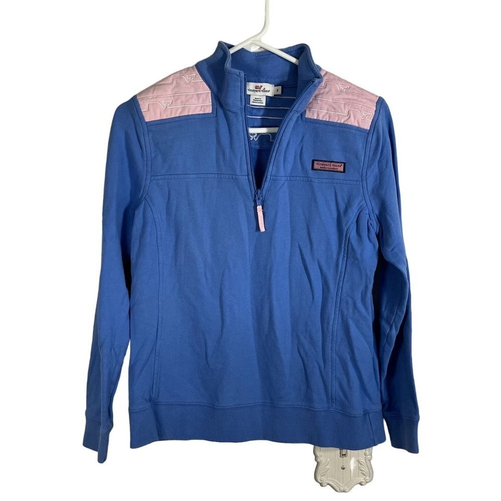 Vineyard Vines Shep Shirt Pullover Blue Pink Whale Canvas Shoulder 1/4 Zip Small